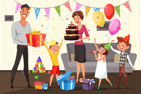 Family celebrating birthday at home vector illustration. Boy in crown opening present. Father holding gift box. Children cartoon characters in b-day hats. Mother with chocolate cake flat drawingのイラスト素材