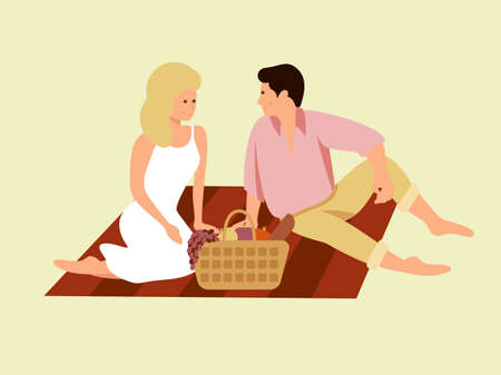 Couple on picnic cartoon flat vector illustrationのイラスト素材