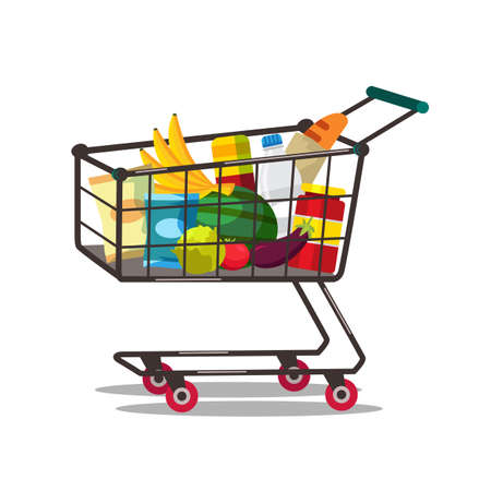Shopping cart with products vector illustration isolated on white backgroundのイラスト素材