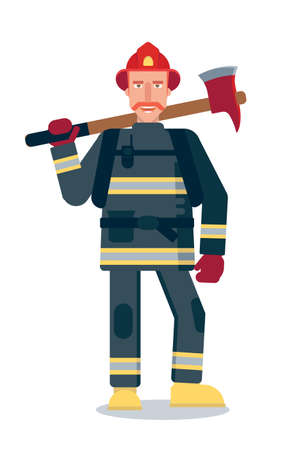 Firefighter holding axe flat vector illustrationのイラスト素材