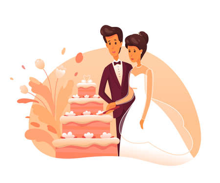 Bride and groom cut cake flat vector illustration. Newly married couple cartoon characters. Wedding celebration. Fiance in suit, fiancee in white dress. Romantic couple in love. Cake cutting ceremonyのイラスト素材