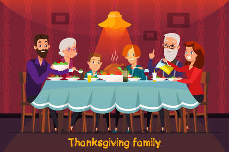 Thanksgiving holiday flat vector banner concept. Parents, grandparents and grandchildren cartoon characters. Family tradition. Greeting card concept. Festive dinner illustration with letteringのイラスト素材