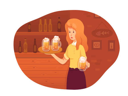 Waitress carrying beer mugs in pub vector illustration. Employee in uniform. German restaurant, bar staff. Woman bringing order for customer. Octoberfest waitress. Beer, alcoholic beverage in bottleのイラスト素材