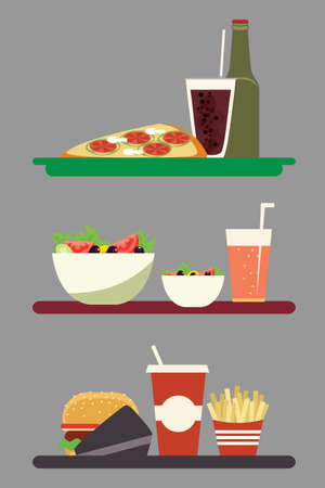 Cafeteria food flat vector illustrations set. Serving trays with various tasty snacks. Catering service, delicious lunch pack. Pizza with soda, vegetarian salad and hamburger with french friesのイラスト素材