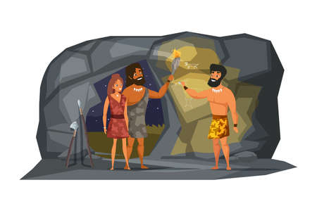 Stone age people discover fire flat vector illustration. Prehistoric life. Primitive men in grot cartoon characters. Cave people. Wall pictures. Torch, flames. Ancient time hunting tools, equipment