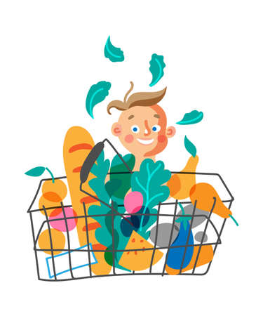 Child with shopping basket flat vector characterのイラスト素材