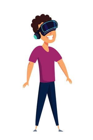 Boy in VR glasses cartoon vector illustration. Man testing headset device flat clipart. Teenager amazed with virtual reality simulation. Modern entertainmentのイラスト素材