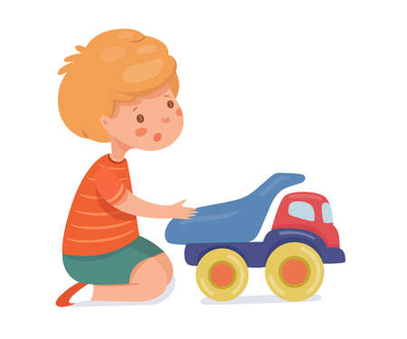 Boy playing with toy car flat vector illustrationのイラスト素材