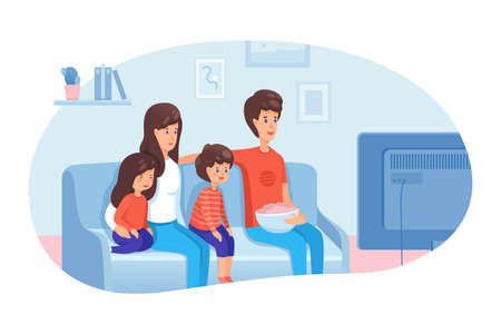 Family watching TV flat vector illustrationのイラスト素材