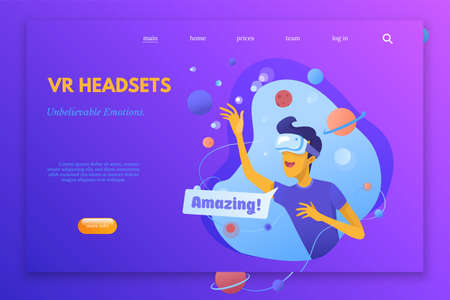 Virtual reality color vector landing page template. Modern gadgets store web banner. Man in VR headset. Virtual reality games, education, simulation. Cartoon character. Technology, entertainmentのイラスト素材