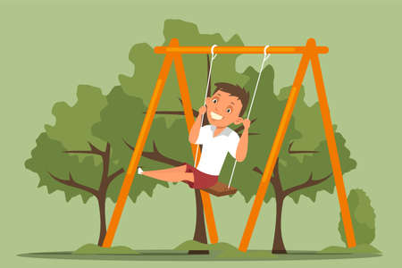 Happy boy swinging flat vector illustration isolated on white backgroundのイラスト素材