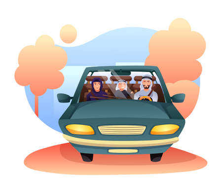 Arab family road trip flat vector illustrationのイラスト素材
