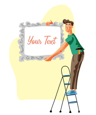 Man hanging picture with text space illustrationのイラスト素材