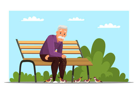 Old man feeding birds flat vector illustrationのイラスト素材