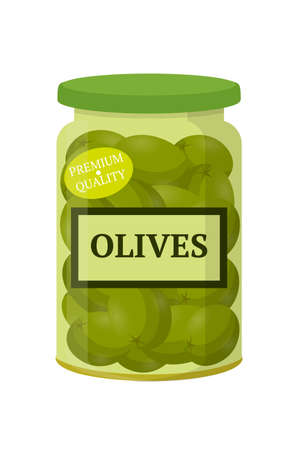 Green olives in glass jar flat vector illustrationのイラスト素材