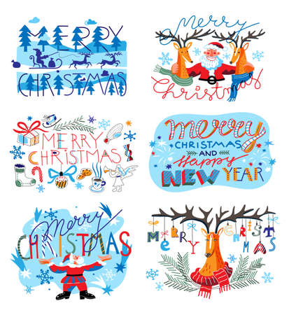 Merry Christmas and happy New Year cartoon setのイラスト素材