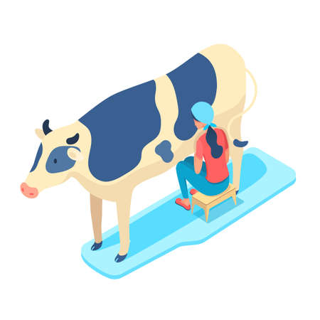 Woman milking cow isometric vector illustrationのイラスト素材