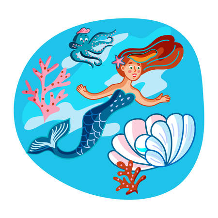 Mermaid swimming with fish flat illustrationのイラスト素材