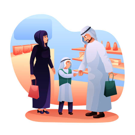 Arab family shopping flat vector illustrationのイラスト素材