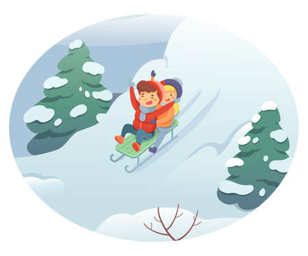Winter sledding, fun flat vector illustration. Little boy and girl in warm clothing charactersのイラスト素材