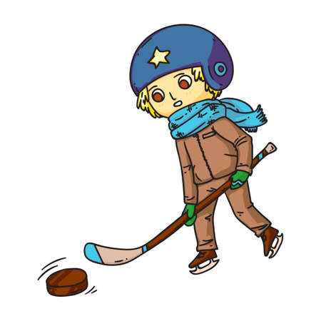 Hockey player with club and puck illustration. Shinnying little boy cartoon character isolated on white background. Child playing hockey, kid athlete on ice rink. Winter sport conceptのイラスト素材
