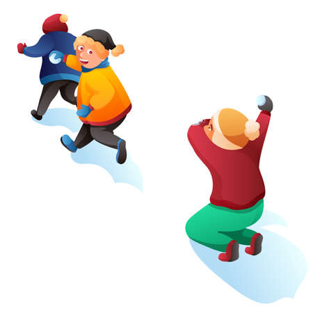 Children playing snowballs cartoon illustration. Kids having fun. Boy and girl throwing snowballs vector characters. Winter entertainment, outdoor activity, leisure, active rest conceptのイラスト素材