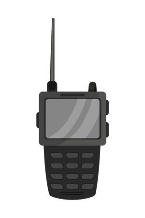 Security walkie talkie flat vector illustration. Portable radio with screen and antenna isolated clipart. Police officer emergency device, communication phone. Equipment for secure bondのイラスト素材