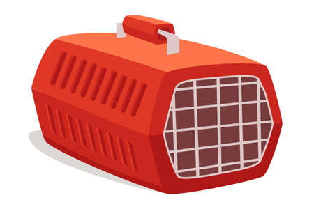 Empty cage, pet carrier flat vector illustration. Portable container with handle for domestic animal transportation. Closed red plastic case isolated on white background. Pet shop, store productのイラスト素材