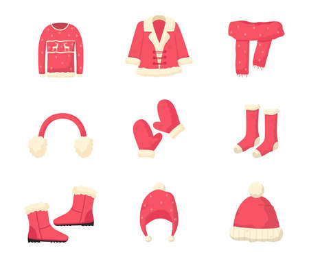 Winter clothes flat vector illustrations set. Knitted sweater, santa coat and scarf. Christmas themed garments. Apparel store products. Mittens, warm footwear and headwear. Cold weather protectionのイラスト素材