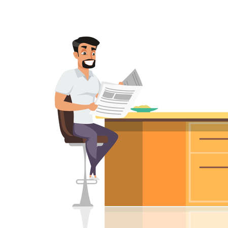 Man eating breakfast flat vector illustration. Guy reading morning newspapers. Healthy food on plate. Boyfriend, father, husband cartoon character. Happy office worker starting dayのイラスト素材
