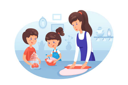 Mother with kids cooking flat vector illustrationのイラスト素材