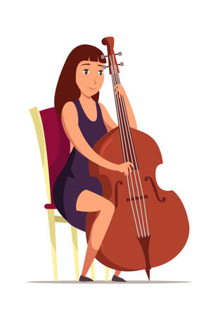 Cellist on chair flat vector illustration. Smiling woman performing classical music cartoon character. Female musician with violoncello isolated on white background. Orchestra performer playing celloのイラスト素材