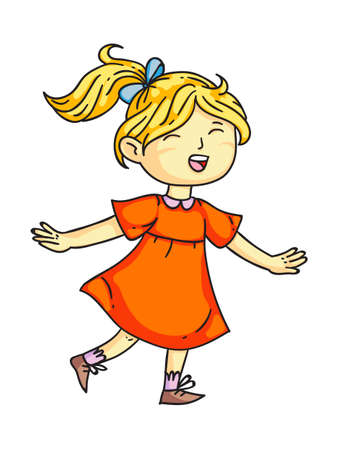 Happy smiling child cheerfully joyfully jumping, laughing, screaming cartoon. Playful girl. Happiness, gladness, joy and fun. Positive kids emotions. Vector cutout flat illustration.のイラスト素材