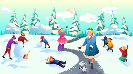Children celebrating winter holidays on fresh air. Christmas and New Year party in snowy park or forest with fairy tale characters. Snow Maiden, elf. Kids having fun. Vector flat cartoon illustrationのイラスト素材