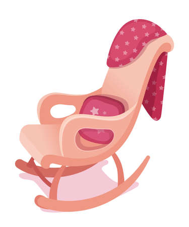 Pink rocking cozy chair flat vector illustration. Comfortable furniture for girl room interior isolated clipart on white background. Soft pillow and warm blanket on armchair design elementのイラスト素材