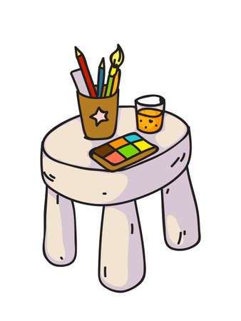 Cartoon table with painting accessories isolated on white. Paints, glass with water, pencils, brushes, ruler for drawing. Tools elements, art supplies for creative work. Vector flat illustrationのイラスト素材