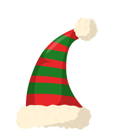 Christmas holiday hat flat vector illustration. Red and green striped elf cap isolated clipart on white background. Santa helper new year costume. Xmas party outfit. Winter festival celebrationのイラスト素材