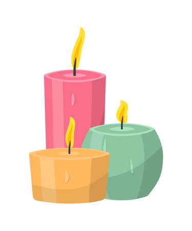 Aromatic candles flat vector illustration. Burning decorative pink, orange and blue wax candles isolated clipart on white background. Relaxation, resting and aromatherapy design elementのイラスト素材