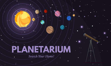 Planetarium flat banner vector template. Astronomy, cosmology studies, stars observation. Observatory, planetarium advertisement poster. Telescope and solar system illustration with text spaceのイラスト素材