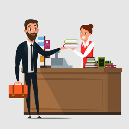 Businessman in bookstore flat vector illustrationのイラスト素材