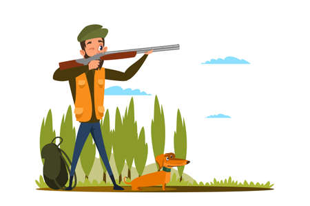 Hunting with gun dog flat vector illustration. Young hunter preparing to shoot cartoon character. Man aiming, holding rifle. Nature recreation, outdoor hobby, leisure. Man with dachshund in woodsのイラスト素材