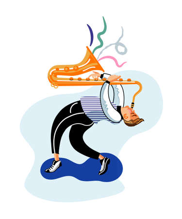 Saxophone player cartoon character. Professional musician playing wind instrument, improvisation. Classical music concert, jazz festival performer. Stylish saxophonist flat vector retro illustrationのイラスト素材