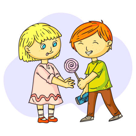 Cute smiling boy sharing sweets with happy girlのイラスト素材
