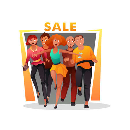 Fanny crazy people character rush for grand sale. Mad men and women running for great discount. Flat entrance to shopping mall. Seasonal excitement and madness. Humorous vector cartoon illustrationのイラスト素材