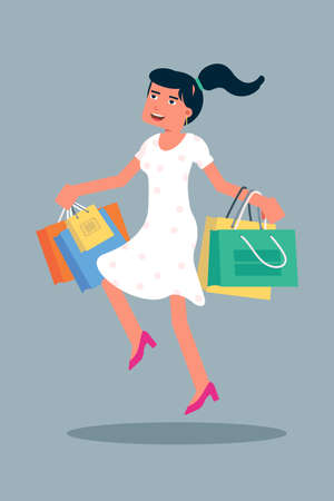 Happy female shopper jumping flat character. Cheerful young woman with shopping bags isolated. Store sales, consumerism. Joyful shopaholic with purchases, carefree buyer design elementのイラスト素材