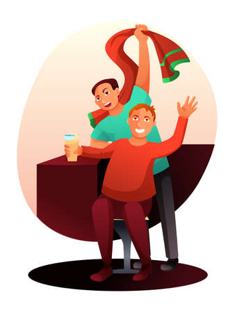 Cartoon fans character with alcohol drink, scarf watching football match in sport bar. Men rejoicing and celebrating team victory in national league. Championships. Goal scored. Vector illustrationのイラスト素材