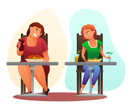 Fat and slim women with different eating habitsのイラスト素材