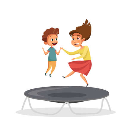 Kids jumping on trampoline vector illustration isolated on white backgroundのイラスト素材