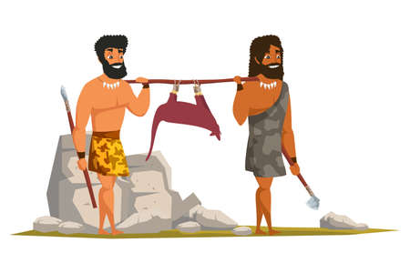 Stone age people carrying animal trophy flat vector illustration. Prehistoric hunting. Primitive men cooking meat cartoon characters. Cavemen meal drawing. Ancient time kitchen tools, equipmentのイラスト素材