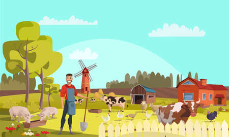 Farmer with shovel flat vector illustrationのイラスト素材